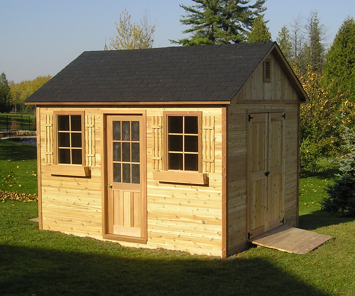 Cedar shed with gable roof, two windows and double doors